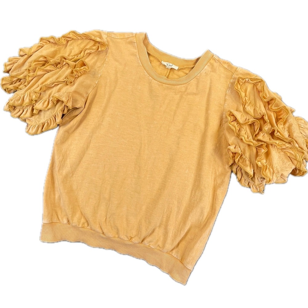 Easel Ruffle Tiered Sleeve Top Small Mustard Yellow Festival Textured Sweatshirt